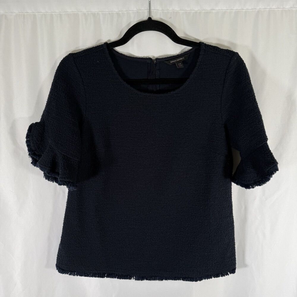 Banana Republic Blouse Women's XS Blue Textured Short Sleeve Zip Up Round Neck